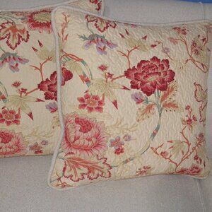 Botanical Print Decorative/Accent  Pillows, Quilted & Piped, Set of Two, New